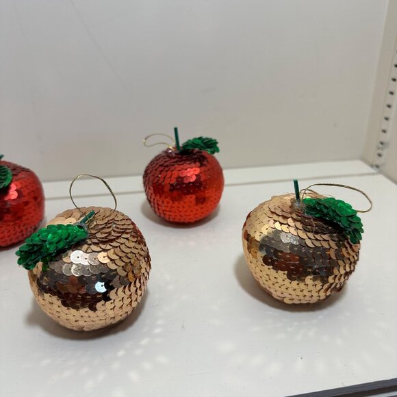 Handmade Vintage Sequin Apple Christmas Ornaments Set Of 5 Gold & Red - Picture 11 of 16